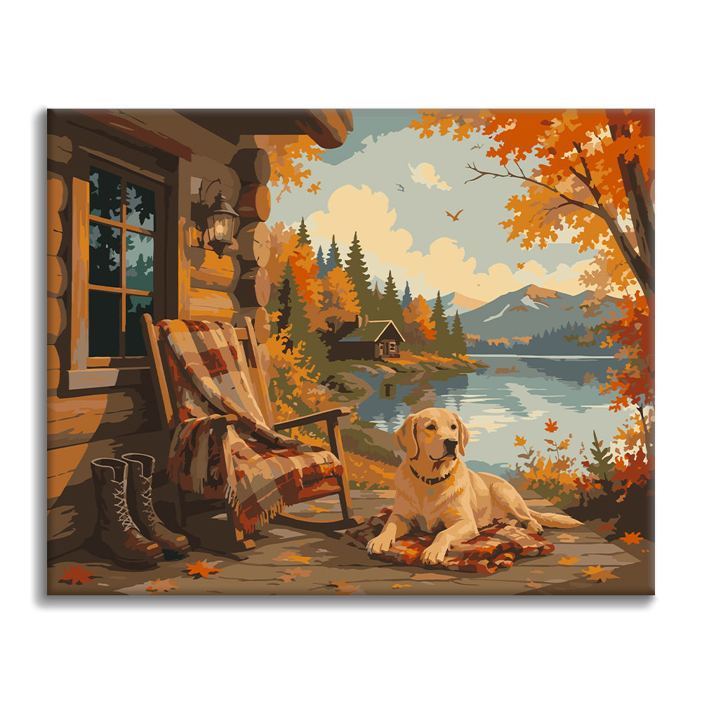 Labrador an Herbstseehütte – Malen nach Zahlen