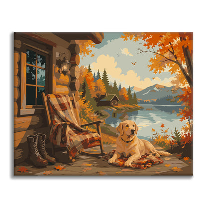 Labrador an Herbstseehütte – Malen nach Zahlen