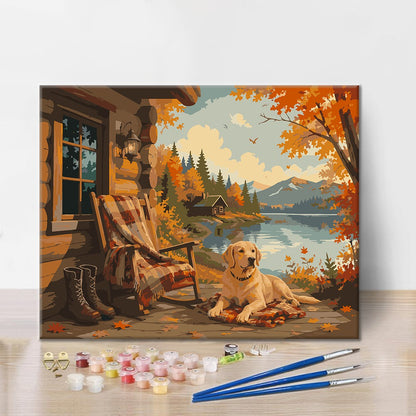 Labrador an Herbstseehütte – Malen nach Zahlen