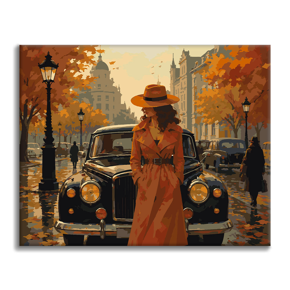 Frau neben Oldtimer im Herbst – Malen nach Zahlen