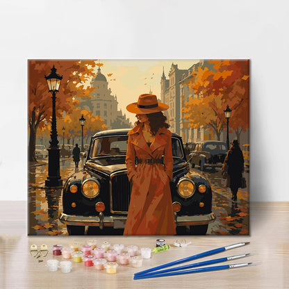 Frau neben Oldtimer im Herbst – Malen nach Zahlen