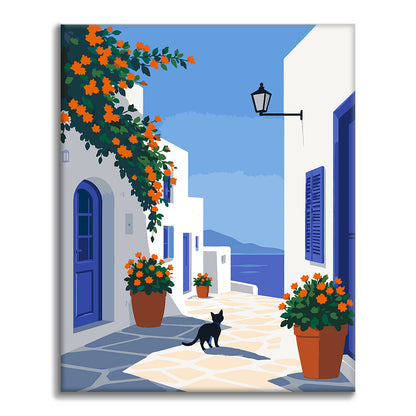 Griechische Inselgasse mit schwarzer Katze – Malen nach Zahlen