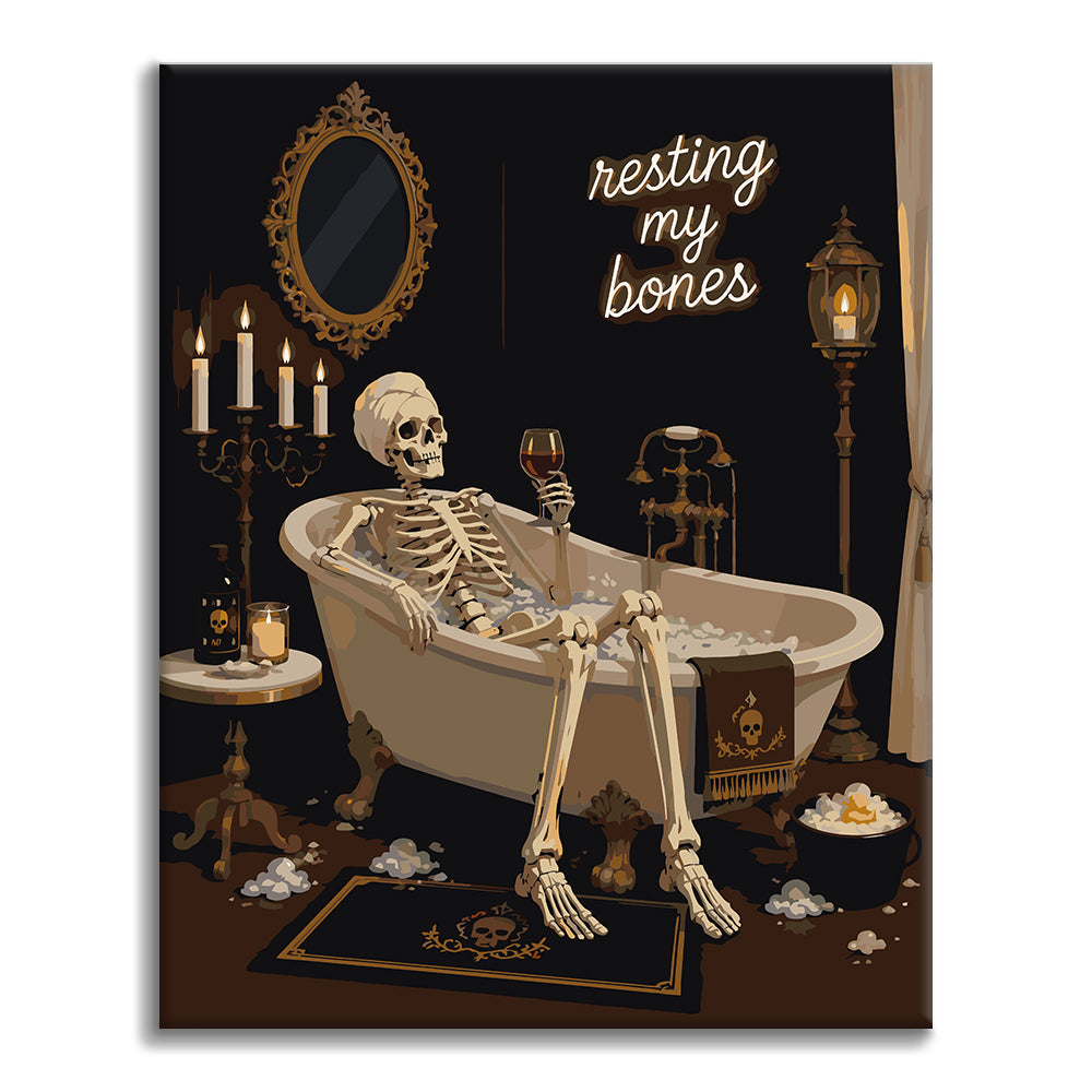 Skelett ruht in Vintage-Badewanne – Malen nach Zahlen