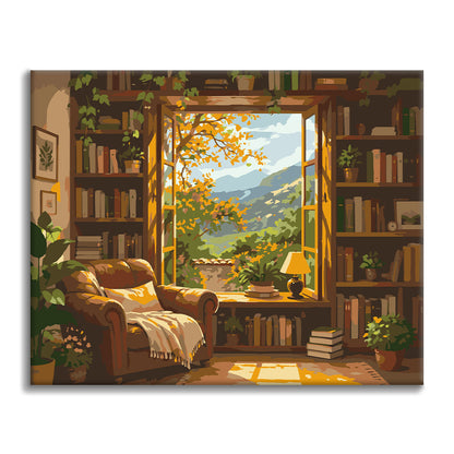 Sonnige Bibliothek mit Bergblick – Malen nach Zahlen