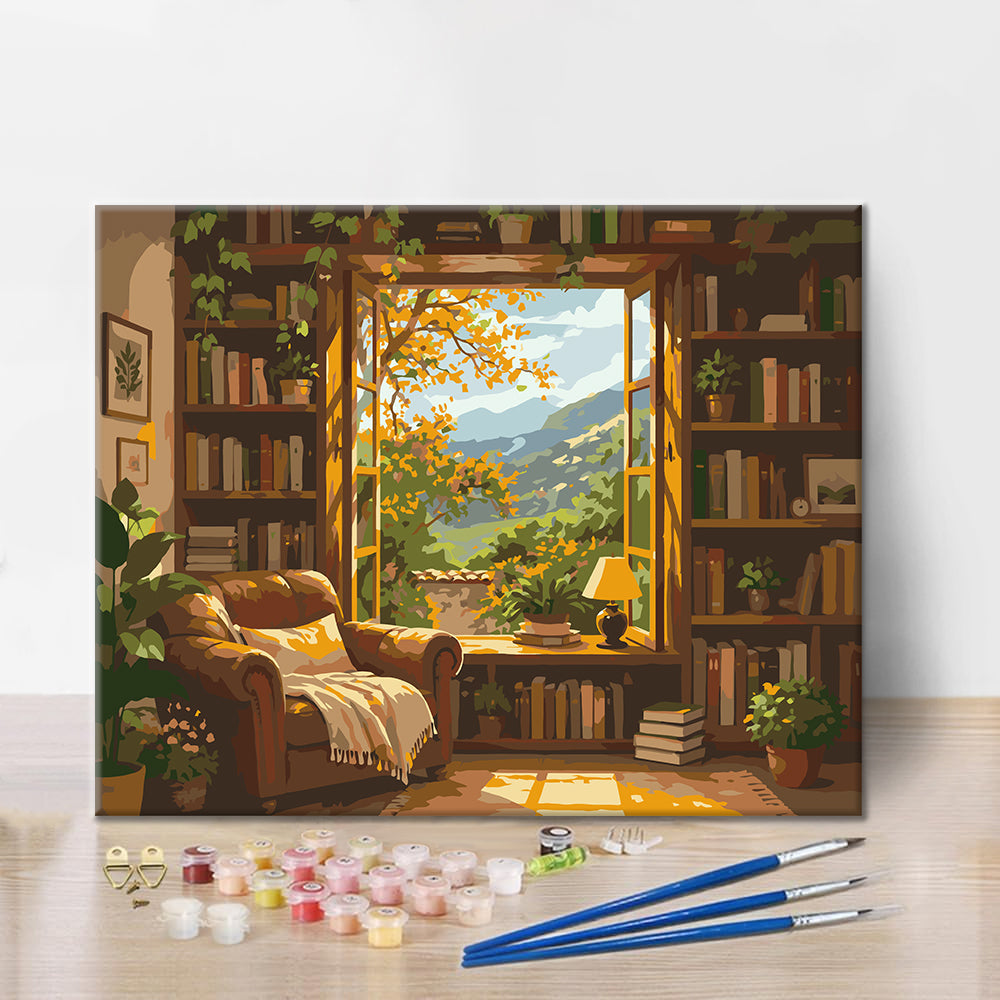 Sonnige Bibliothek mit Bergblick – Malen nach Zahlen