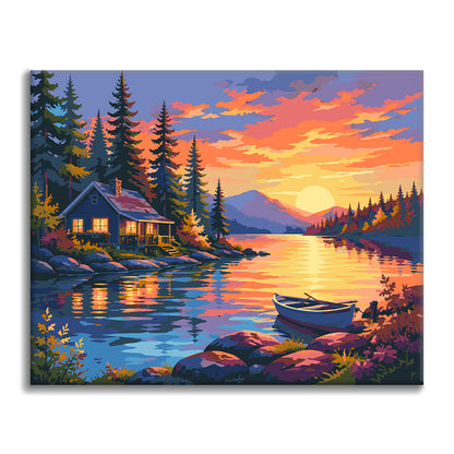 Seehütte bei Sonnenuntergang – Malen nach Zahlen