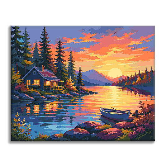Seehütte bei Sonnenuntergang – Malen nach Zahlen