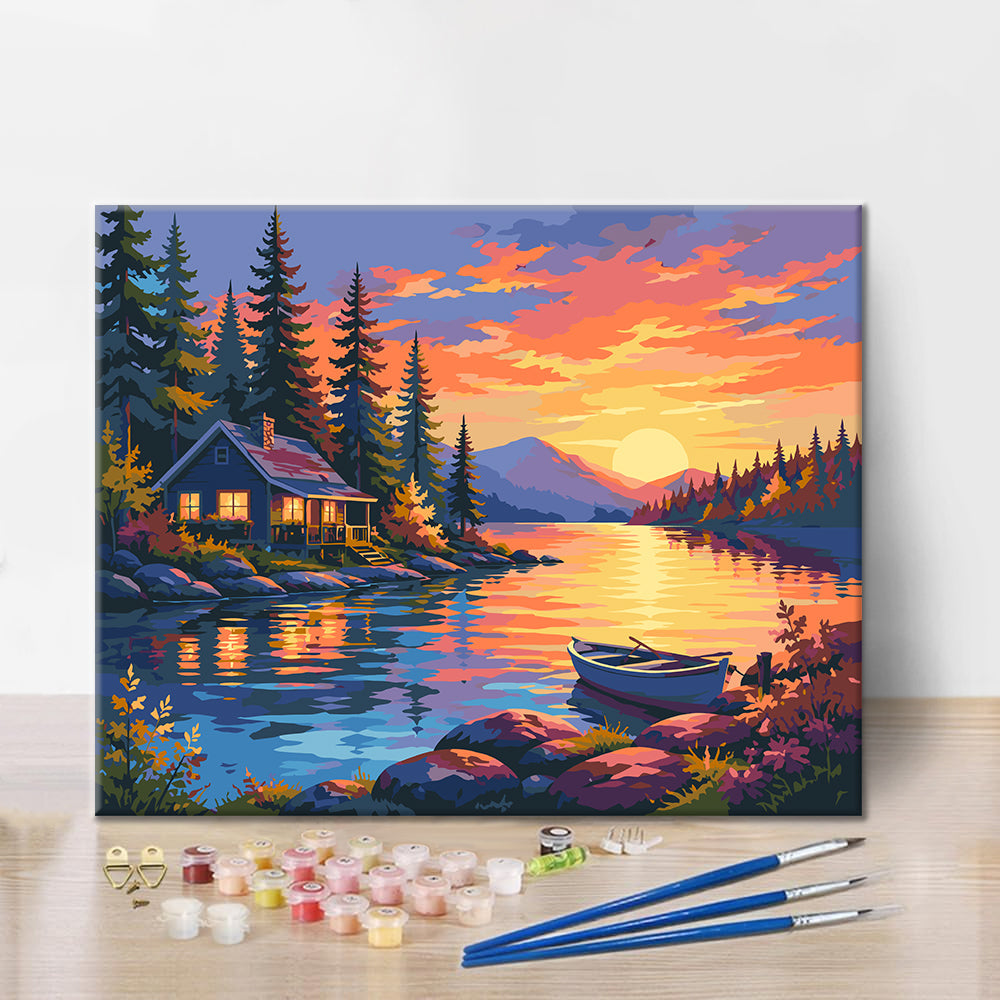 Seehütte bei Sonnenuntergang – Malen nach Zahlen