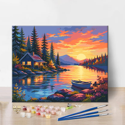 Seehütte bei Sonnenuntergang – Malen nach Zahlen