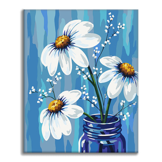 Weisse Gänseblümchen in blauer Vase – Malen nach Zahlen