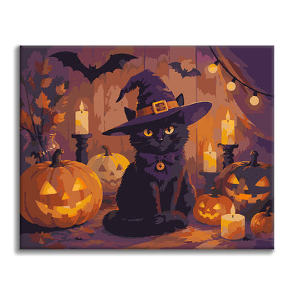 Schwarze Katze mit Halloween-Kürbissen – Malen nach Zahlen