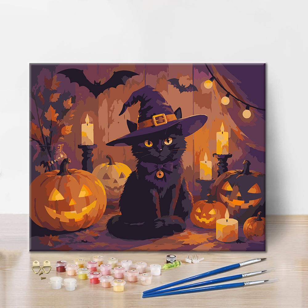 Schwarze Katze mit Halloween-Kürbissen – Malen nach Zahlen