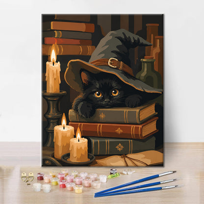 Schwarze Katze auf Zauberbüchern – Malen nach Zahlen