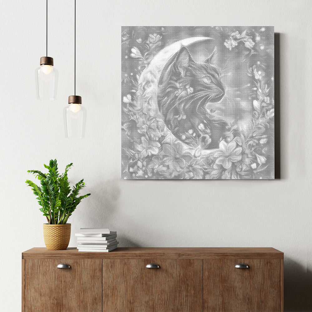 Verzauberte Katze und Mond - Malen mit Punkten